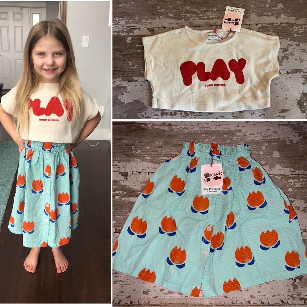 Bobo Choses chocolate flowers blue tulip skirt red play crop top outfit set 4/5